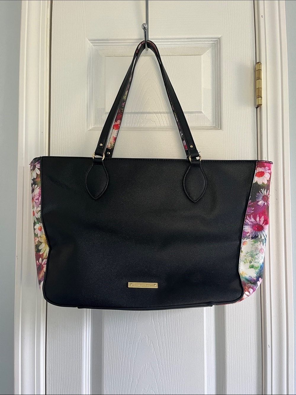 Betsey Johnson Black Tote with Pink Floral Side Panels